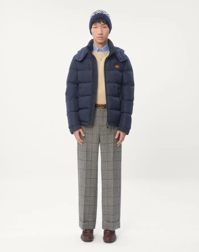 Valentino Outerwear Man Nylon Hooded Down Jacket With Vlogo Patch For Man In Blue Blue Valentino Outerwear Man Nylon Hooded Down Jacket With Vlogo Patch For Man In Blue Blue