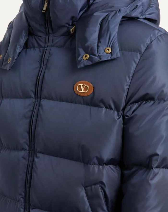 Valentino Outerwear Man Nylon Hooded Down Jacket With Vlogo Patch For Man In Blue Blue Valentino Outerwear Man Nylon Hooded Down Jacket With Vlogo Patch For Man In Blue Blue