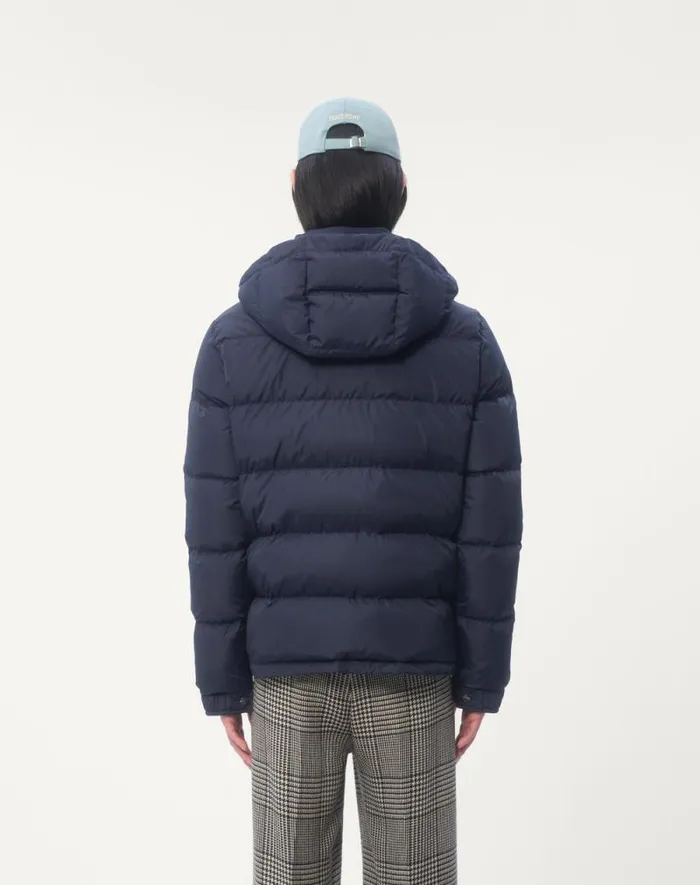 Valentino Outerwear Man Nylon Hooded Down Jacket With Vlogo Patch For Man In Blue Blue Valentino Outerwear Man Nylon Hooded Down Jacket With Vlogo Patch For Man In Blue Blue