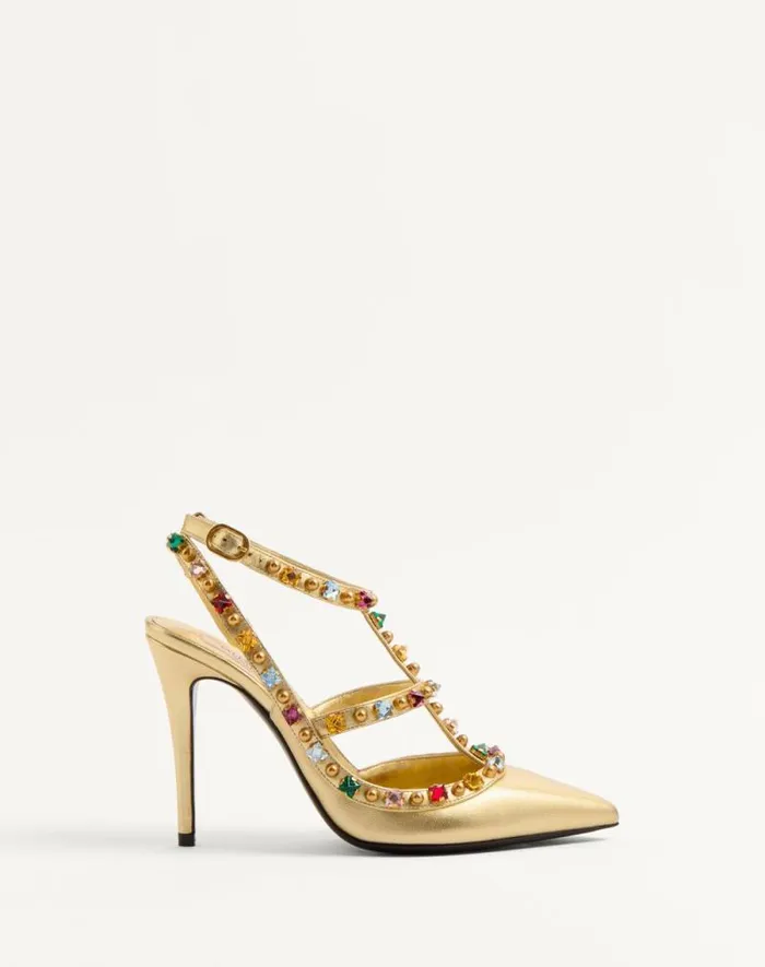 Valentino Pumps Woman Rockstud Dcollet In Laminated Nappa With Cabochon And Crystals 100mm For Woman In Multicolor Multicolor Valentino Pumps Woman Rockstud Dcollet In Laminated Nappa With Cabochon And Crystals 100mm For Woman In Multicolor Multicolor