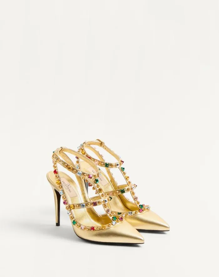 Valentino Pumps Woman Rockstud Dcollet In Laminated Nappa With Cabochon And Crystals 100mm For Woman In Multicolor Multicolor Valentino Pumps Woman Rockstud Dcollet In Laminated Nappa With Cabochon And Crystals 100mm For Woman In Multicolor Multicolor