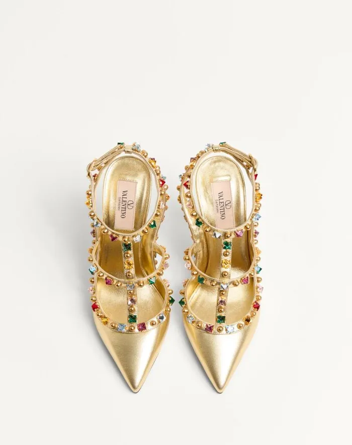 Valentino Pumps Woman Rockstud Dcollet In Laminated Nappa With Cabochon And Crystals 100mm For Woman In Multicolor Multicolor Valentino Pumps Woman Rockstud Dcollet In Laminated Nappa With Cabochon And Crystals 100mm For Woman In Multicolor Multicolor