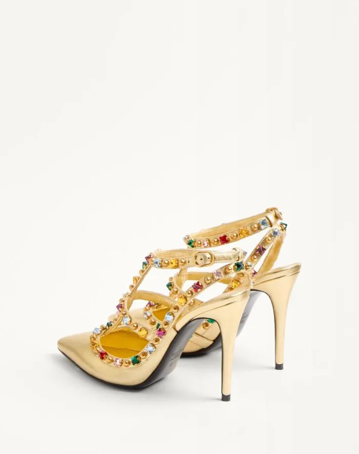 Valentino Pumps Woman Rockstud Dcollet In Laminated Nappa With Cabochon And Crystals 100mm For Woman In Multicolor Multicolor Valentino Pumps Woman Rockstud Dcollet In Laminated Nappa With Cabochon And Crystals 100mm For Woman In Multicolor Multicolor