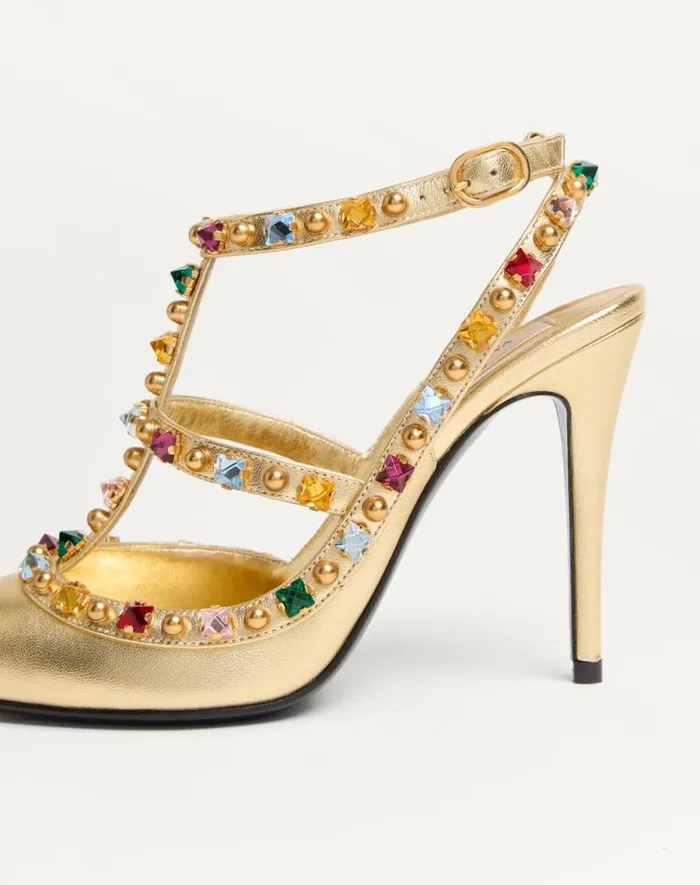 Valentino Pumps Woman Rockstud Dcollet In Laminated Nappa With Cabochon And Crystals 100mm For Woman In Multicolor Multicolor Valentino Pumps Woman Rockstud Dcollet In Laminated Nappa With Cabochon And Crystals 100mm For Woman In Multicolor Multicolor