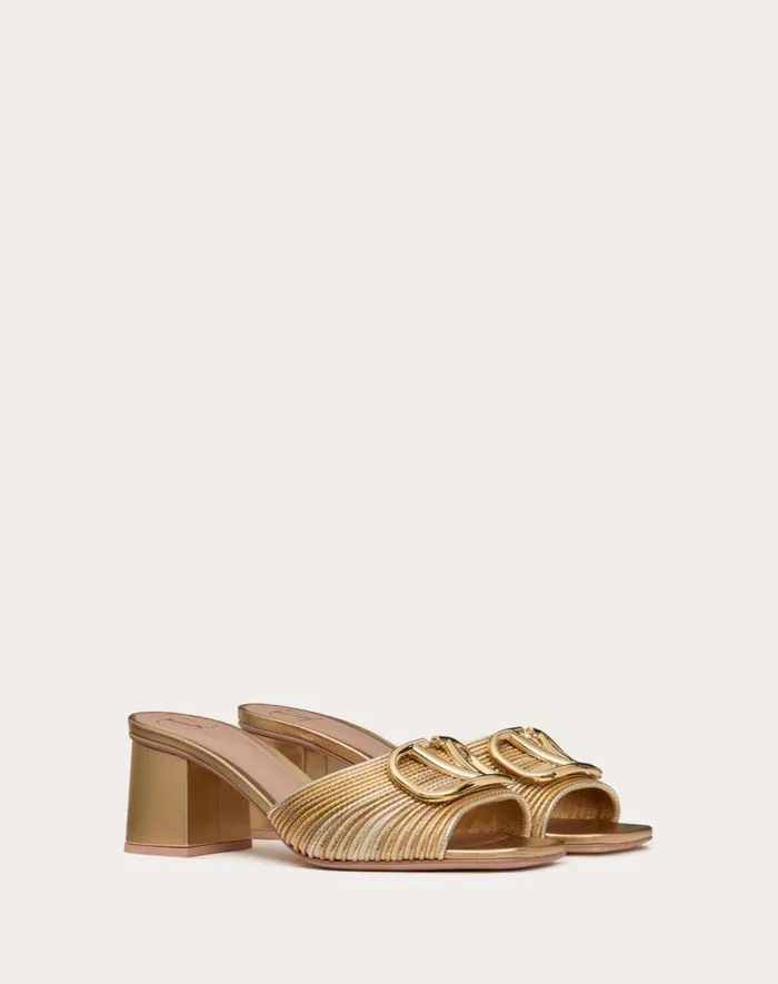 Valentino Sandals Woman Metallic Vlogo Signature Slide Sandal With Cornely Embroidery 60mm For Woman In Gold Gold Valentino Sandals Woman Metallic Vlogo Signature Slide Sandal With Cornely Embroidery 60mm For Woman In Gold Gold