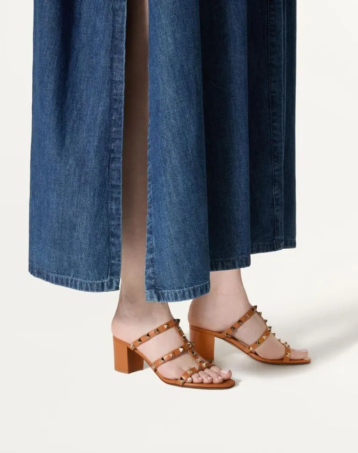 Valentino Sandals Woman Rockstud Calfskin Leather Slide Sandal 60 Mm For Woman In Azure Azure Valentino Sandals Woman Rockstud Calfskin Leather Slide Sandal 60 Mm For Woman In Azure Azure