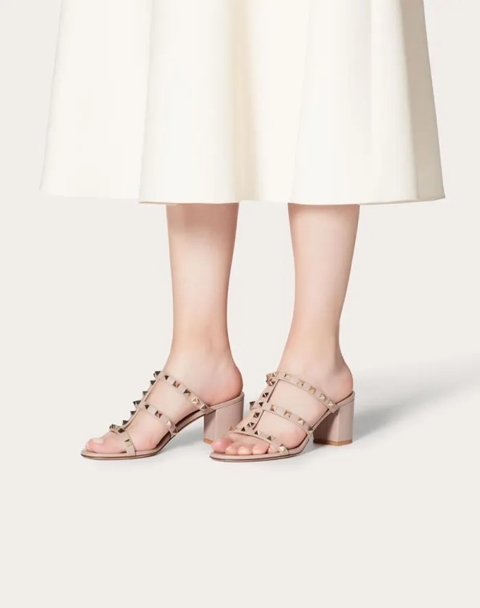 Valentino Sandals Woman Rockstud Calfskin Leather Slide Sandal 60 Mm For Woman In Azure Azure Valentino Sandals Woman Rockstud Calfskin Leather Slide Sandal 60 Mm For Woman In Azure Azure