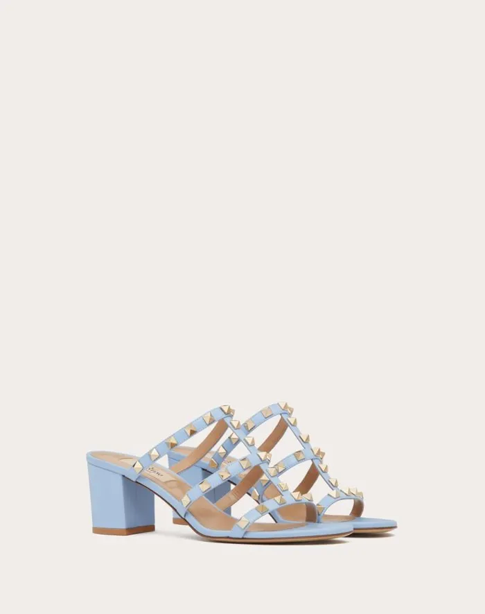 Valentino Sandals Woman Rockstud Calfskin Leather Slide Sandal 60 Mm For Woman In Azure Azure Valentino Sandals Woman Rockstud Calfskin Leather Slide Sandal 60 Mm For Woman In Azure Azure