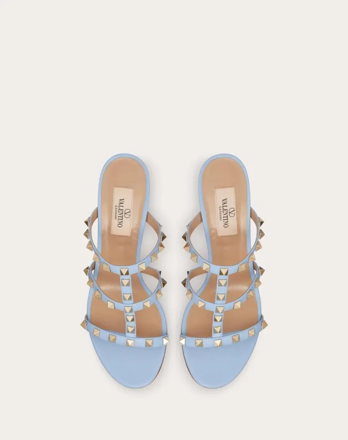 Valentino Sandals Woman Rockstud Calfskin Leather Slide Sandal 60 Mm For Woman In Azure Azure Valentino Sandals Woman Rockstud Calfskin Leather Slide Sandal 60 Mm For Woman In Azure Azure