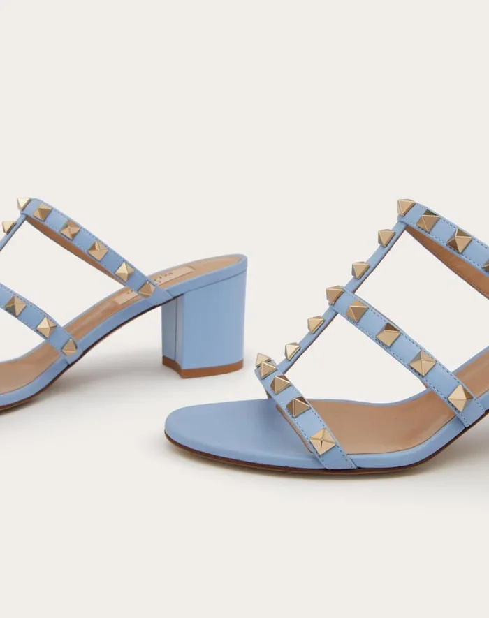 Valentino Sandals Woman Rockstud Calfskin Leather Slide Sandal 60 Mm For Woman In Azure Azure Valentino Sandals Woman Rockstud Calfskin Leather Slide Sandal 60 Mm For Woman In Azure Azure