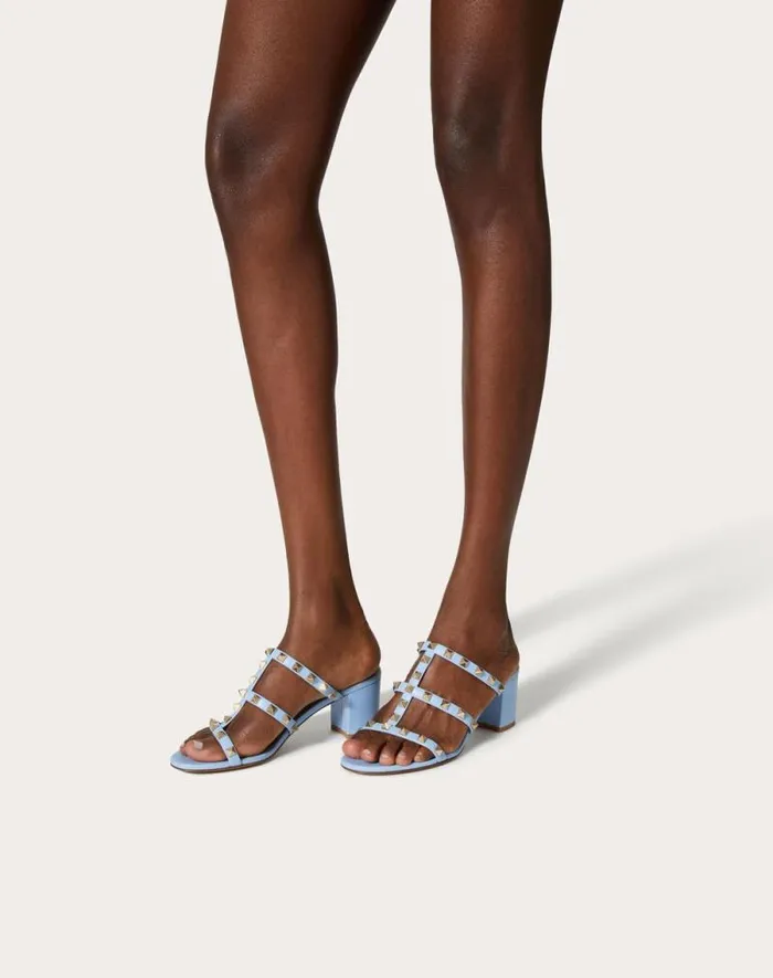 Valentino Sandals Woman Rockstud Calfskin Leather Slide Sandal 60 Mm For Woman In Azure Azure Valentino Sandals Woman Rockstud Calfskin Leather Slide Sandal 60 Mm For Woman In Azure Azure