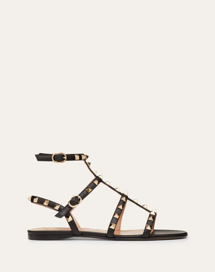 Valentino Sandals Woman Rockstud Flat Calfskin Sandal With Straps For Woman In Azure Azure Valentino Sandals Woman Rockstud Flat Calfskin Sandal With Straps For Woman In Azure Azure