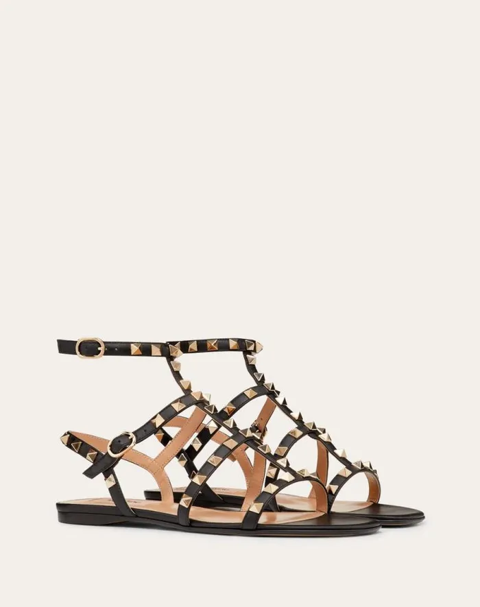 Valentino Sandals Woman Rockstud Flat Calfskin Sandal With Straps For Woman In Azure Azure Valentino Sandals Woman Rockstud Flat Calfskin Sandal With Straps For Woman In Azure Azure