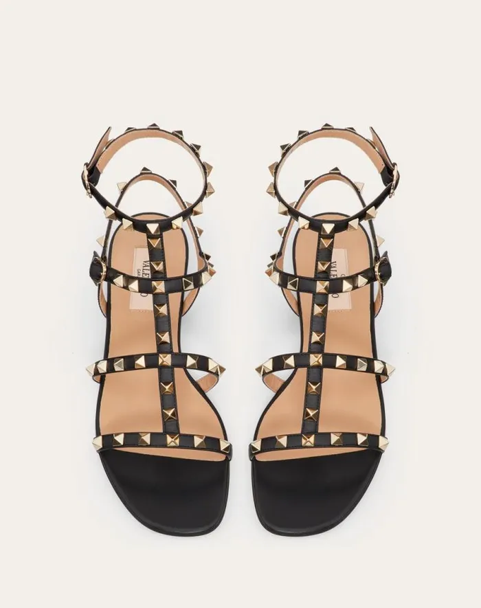 Valentino Sandals Woman Rockstud Flat Calfskin Sandal With Straps For Woman In Azure Azure Valentino Sandals Woman Rockstud Flat Calfskin Sandal With Straps For Woman In Azure Azure