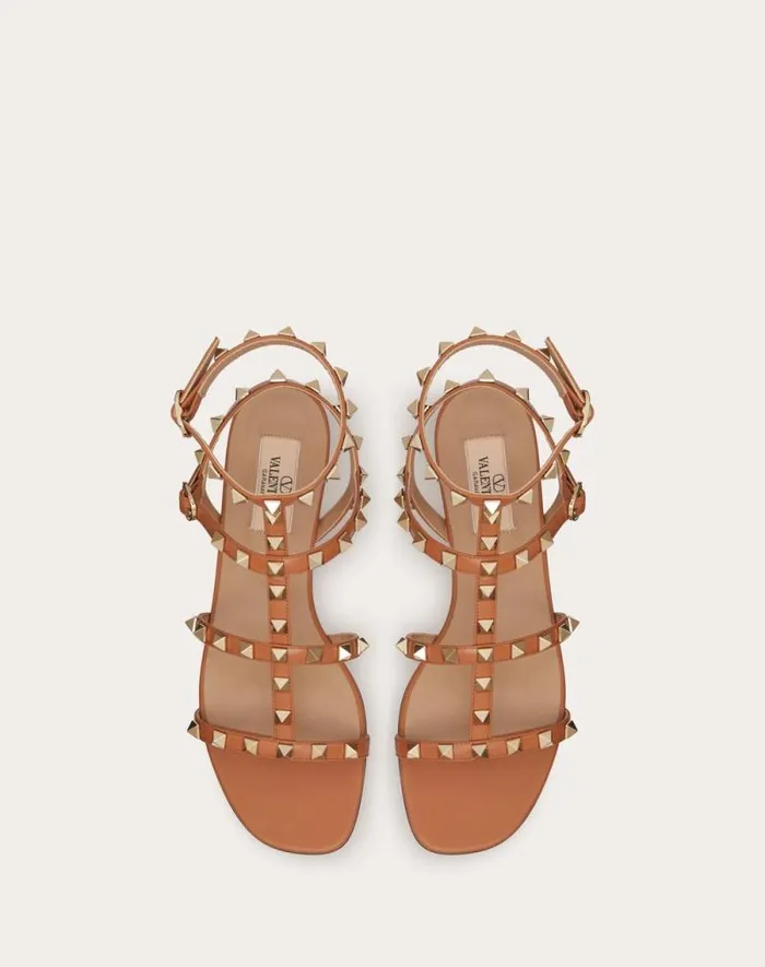 Valentino Sandals Woman Rockstud Flat Calfskin Sandal With Straps For Woman In Azure Azure Valentino Sandals Woman Rockstud Flat Calfskin Sandal With Straps For Woman In Azure Azure