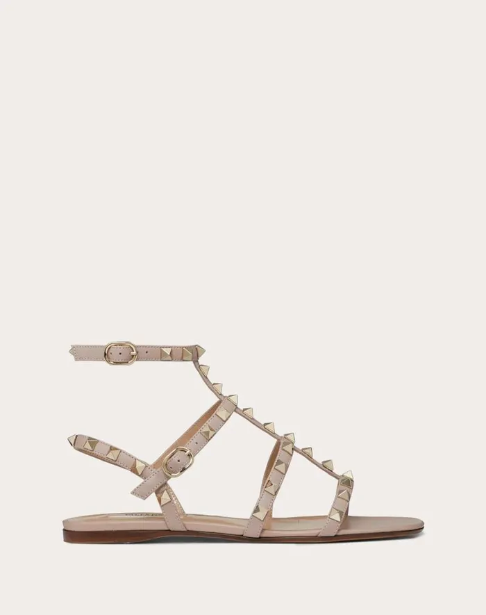 Valentino Sandals Woman Rockstud Flat Calfskin Sandal With Straps For Woman In Azure Azure Valentino Sandals Woman Rockstud Flat Calfskin Sandal With Straps For Woman In Azure Azure