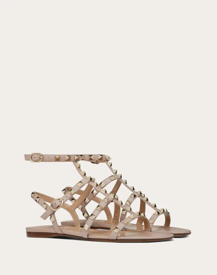 Valentino Sandals Woman Rockstud Flat Calfskin Sandal With Straps For Woman In Azure Azure Valentino Sandals Woman Rockstud Flat Calfskin Sandal With Straps For Woman In Azure Azure