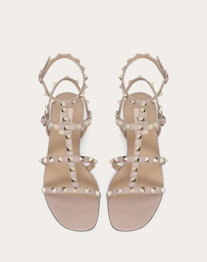 Valentino Sandals Woman Rockstud Flat Calfskin Sandal With Straps For Woman In Azure Azure Valentino Sandals Woman Rockstud Flat Calfskin Sandal With Straps For Woman In Azure Azure