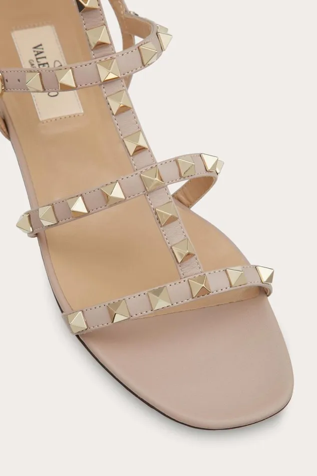 Valentino Sandals Woman Rockstud Flat Calfskin Sandal With Straps For Woman In Azure Azure Valentino Sandals Woman Rockstud Flat Calfskin Sandal With Straps For Woman In Azure Azure