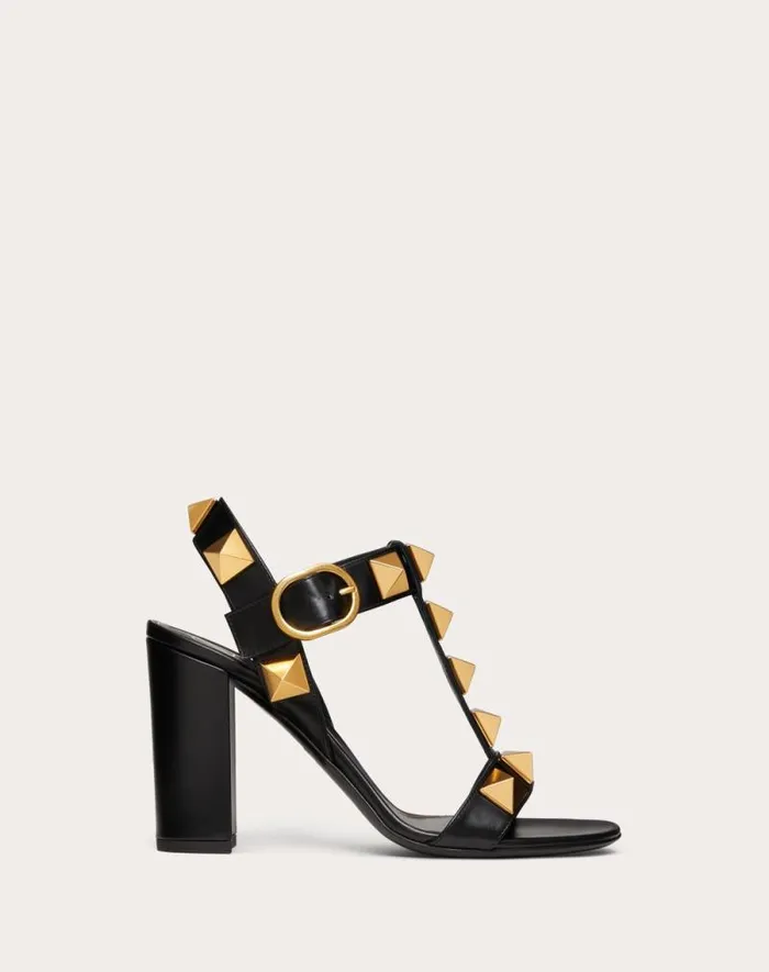 Valentino Sandals Woman Roman Stud Calfskin Sandal 90 Mm For Woman In Black Black