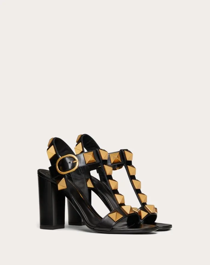 Valentino Sandals Woman Roman Stud Calfskin Sandal 90 Mm For Woman In Black Black Valentino Sandals Woman Roman Stud Calfskin Sandal 90 Mm For Woman In Black Black