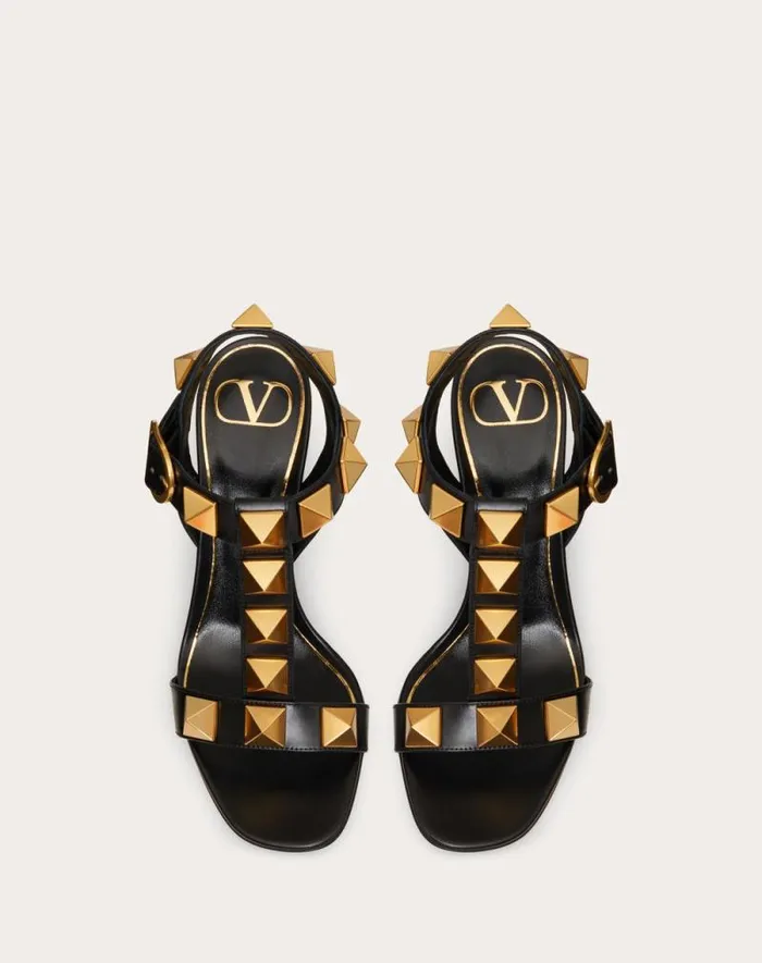 Valentino Sandals Woman Roman Stud Calfskin Sandal 90 Mm For Woman In Black Black Valentino Sandals Woman Roman Stud Calfskin Sandal 90 Mm For Woman In Black Black