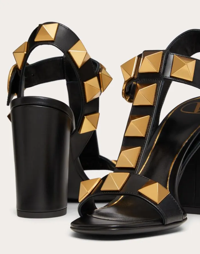 Valentino Sandals Woman Roman Stud Calfskin Sandal 90 Mm For Woman In Black Black Valentino Sandals Woman Roman Stud Calfskin Sandal 90 Mm For Woman In Black Black