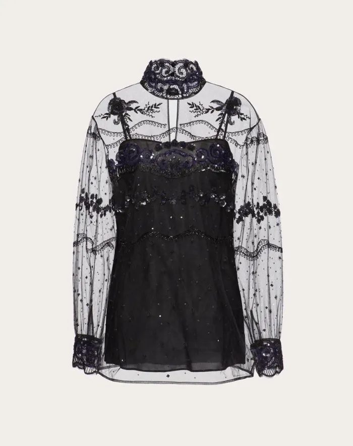 Valentino Shirts And Tops Woman Tulle Illusione Embroidered Top For Woman In Black Black