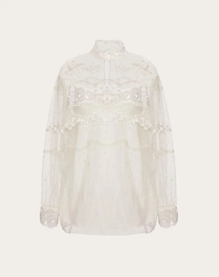 Valentino Shirts And Tops Woman Tulle Illusione Embroidered Top For Woman In Black Black Valentino Shirts And Tops Woman Tulle Illusione Embroidered Top For Woman In Black Black