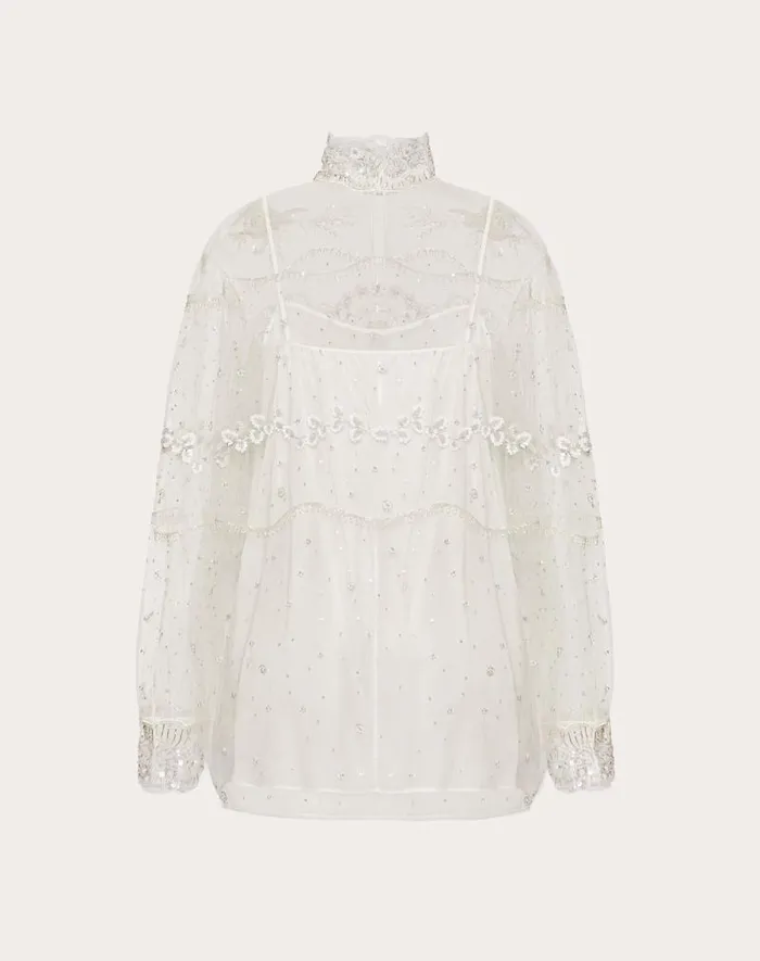 Valentino Shirts And Tops Woman Tulle Illusione Embroidered Top For Woman In Black Black Valentino Shirts And Tops Woman Tulle Illusione Embroidered Top For Woman In Black Black