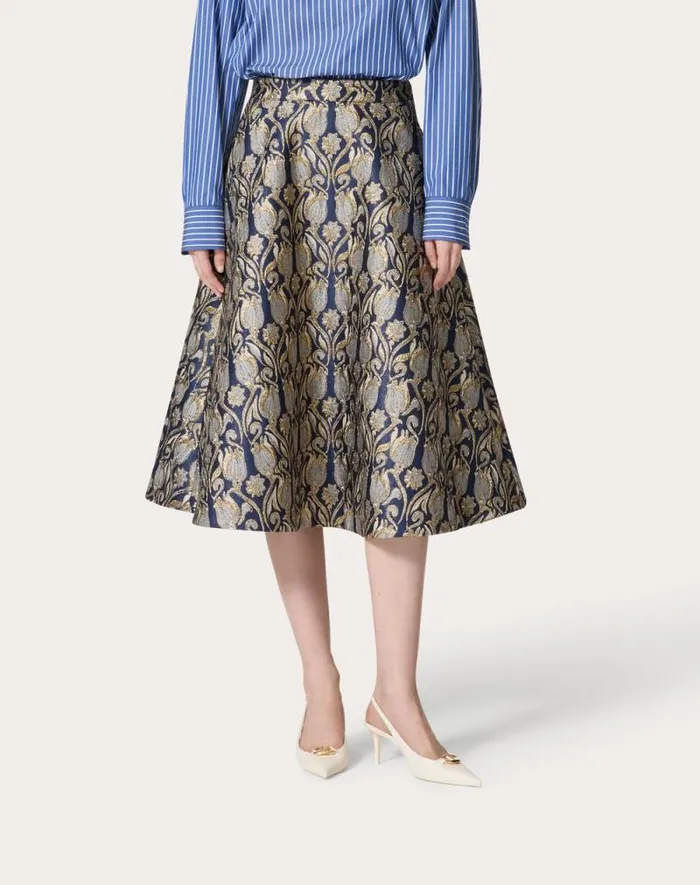 Valentino Skirts Woman Metamorphos Tulips Brocade Midi Skirt For Woman In Goldblue Goldblue Valentino Skirts Woman Metamorphos Tulips Brocade Midi Skirt For Woman In Goldblue Goldblue