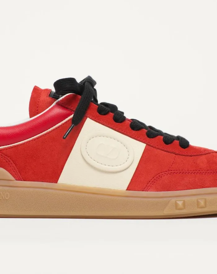 Valentino Sneakers Man Upvillage Low Top Sneaker In Split Leather And Calfskin Nappa Leather For Man In Greycoralblack Greycoralblack Valentino Sneakers Man Upvillage Low Top Sneaker In Split Leather And Calfskin Nappa Leather For Man In Greycoralblack Greycoralblack