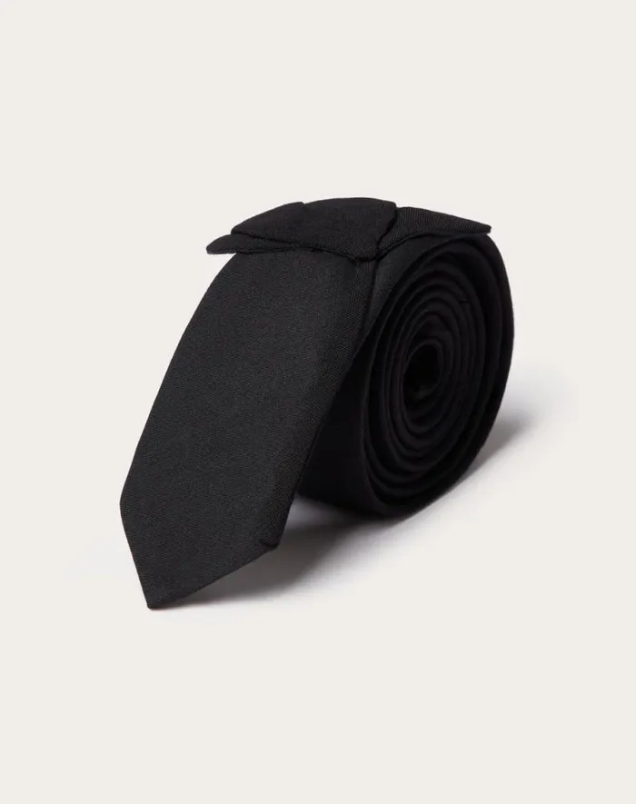 Valentino Soft Accessories Man Wool And Silk Valentie Tie With Flower Embroidery For Man In Black Black Valentino Soft Accessories Man Wool And Silk Valentie Tie With Flower Embroidery For Man In Black Black