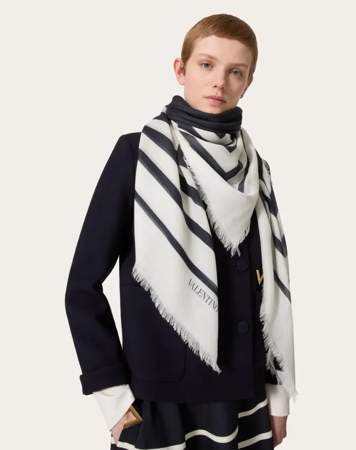 Valentino Soft Accessories Woman Barr Degrad Shawl In Cashmere And Silk For Woman In Navyivory Navyivory Valentino Soft Accessories Woman Barr Degrad Shawl In Cashmere And Silk For Woman In Navyivory Navyivory