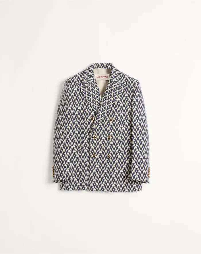 Valentino Suits Man Doublebreasted Wool Jacket With Jacquard Toute La V Pattern For Man In Nightcream Nightcream Valentino Suits Man Doublebreasted Wool Jacket With Jacquard Toute La V Pattern For Man In Nightcream Nightcream