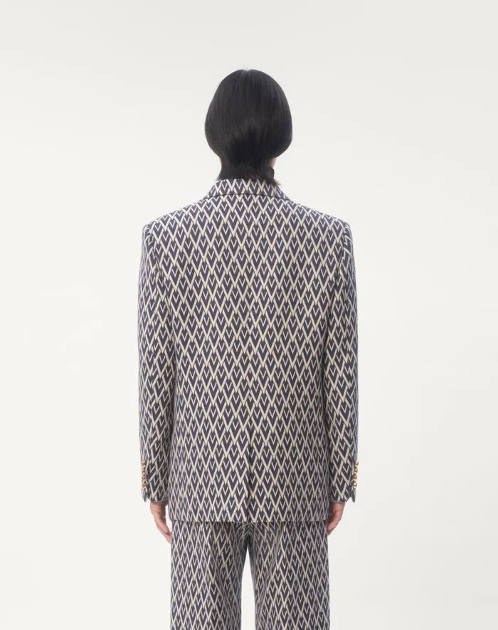 Valentino Suits Man Doublebreasted Wool Jacket With Jacquard Toute La V Pattern For Man In Nightcream Nightcream Valentino Suits Man Doublebreasted Wool Jacket With Jacquard Toute La V Pattern For Man In Nightcream Nightcream