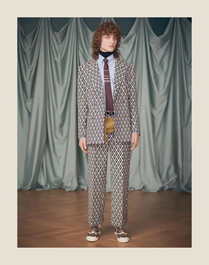 Valentino Suits Man Doublebreasted Wool Jacket With Jacquard Toute La V Pattern For Man In Nightcream Nightcream Valentino Suits Man Doublebreasted Wool Jacket With Jacquard Toute La V Pattern For Man In Nightcream Nightcream