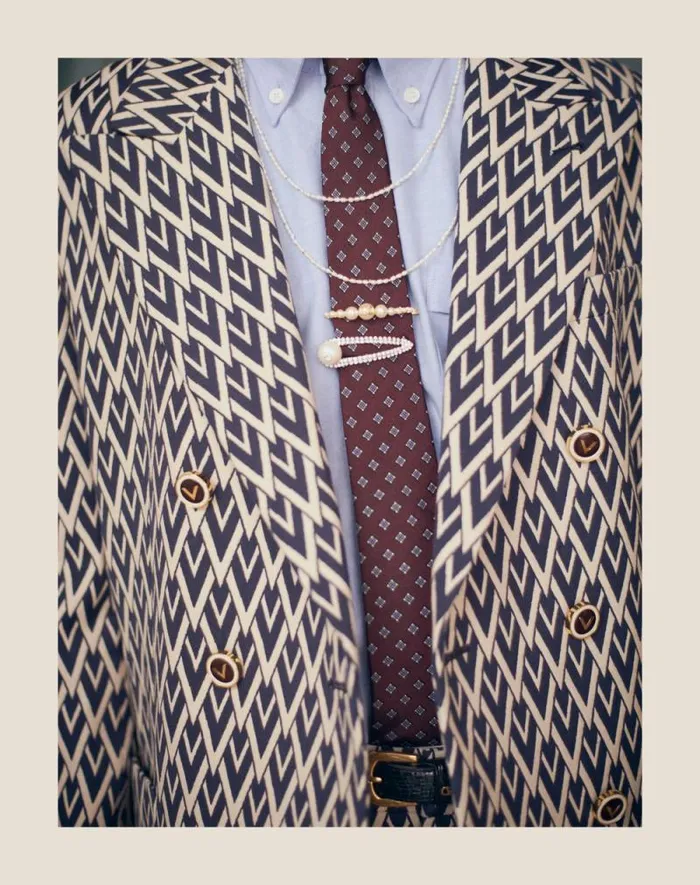 Valentino Suits Man Doublebreasted Wool Jacket With Jacquard Toute La V Pattern For Man In Nightcream Nightcream Valentino Suits Man Doublebreasted Wool Jacket With Jacquard Toute La V Pattern For Man In Nightcream Nightcream