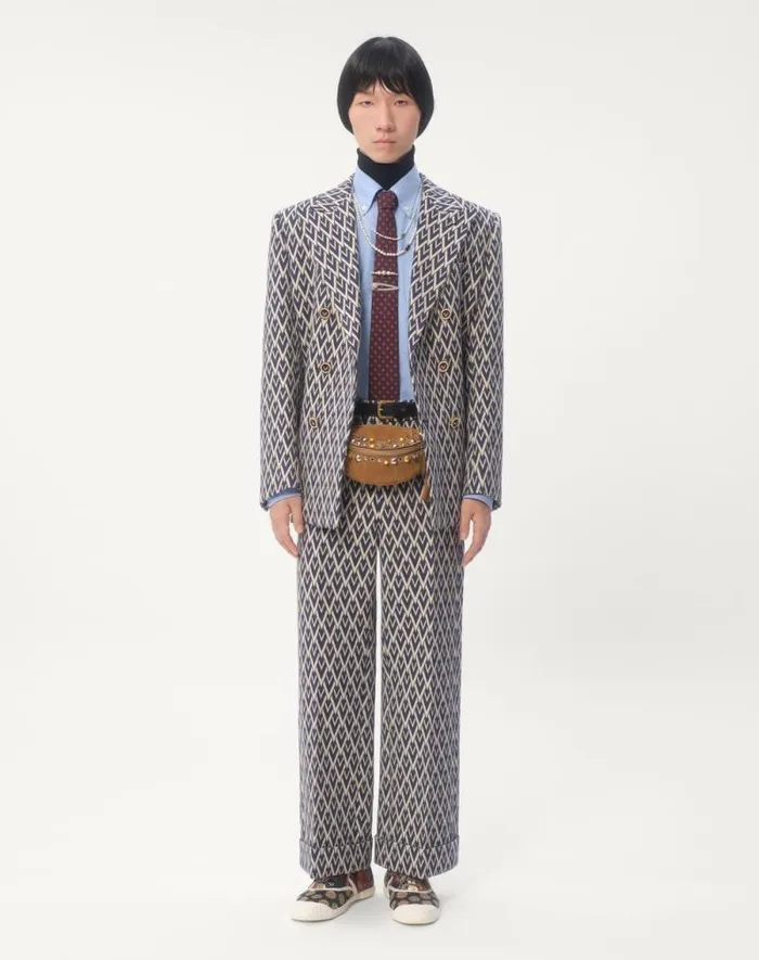Valentino Suits Man Doublebreasted Wool Jacket With Jacquard Toute La V Pattern For Man In Nightcream Nightcream Valentino Suits Man Doublebreasted Wool Jacket With Jacquard Toute La V Pattern For Man In Nightcream Nightcream