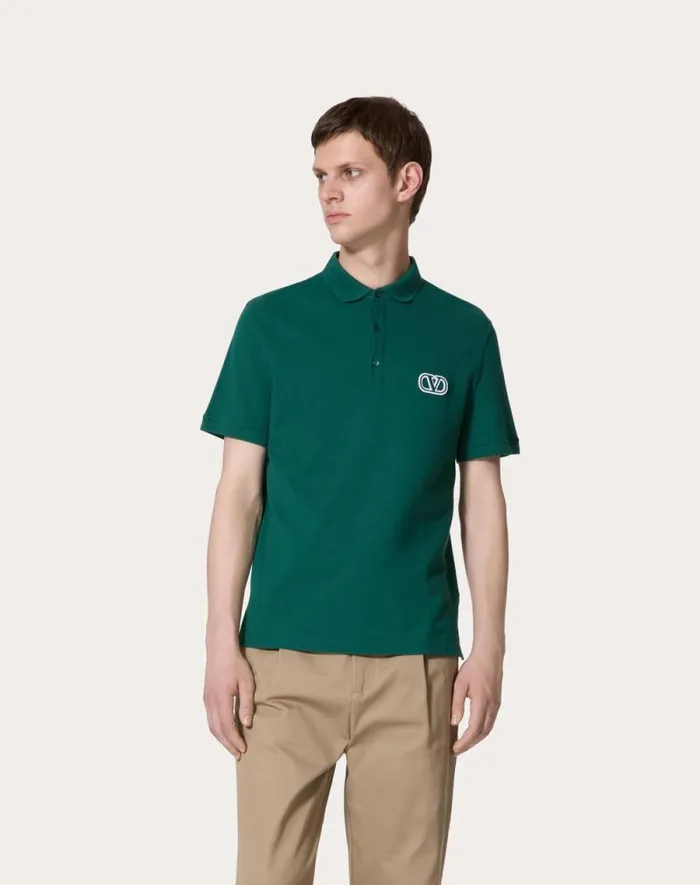Valentino Tshirts And Sweatshirts Man Cotton Piqu Polo Shirt With Vlogo Signature Patch For Man In Grey Rose Grey Rose