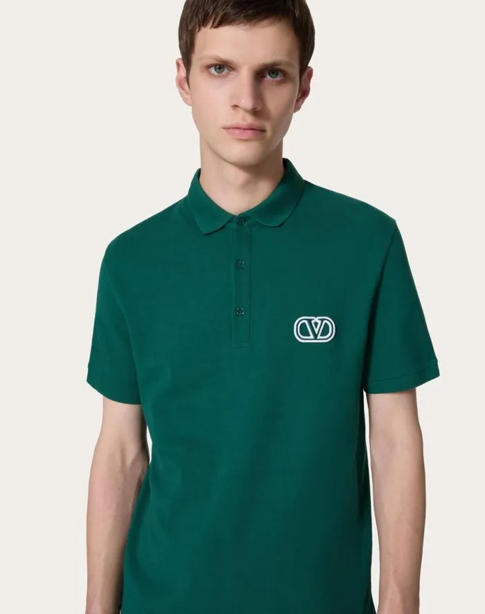 Valentino Tshirts And Sweatshirts Man Cotton Piqu Polo Shirt With Vlogo Signature Patch For Man In Grey Rose Grey Rose