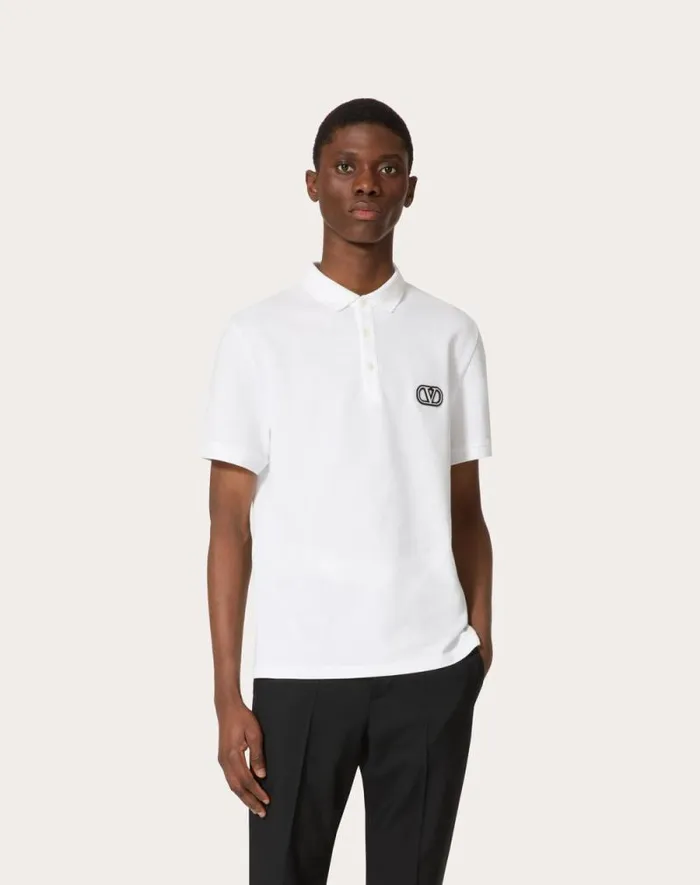 Valentino Tshirts And Sweatshirts Man Cotton Piqu Polo Shirt With Vlogo Signature Patch For Man In Grey Rose Grey Rose