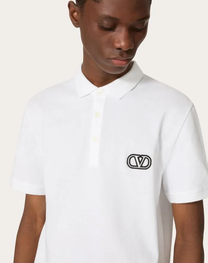 Valentino Tshirts And Sweatshirts Man Cotton Piqu Polo Shirt With Vlogo Signature Patch For Man In Grey Rose Grey Rose