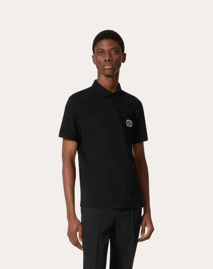 Valentino Tshirts And Sweatshirts Man Cotton Piqu Polo Shirt With Vlogo Signature Patch For Man In Grey Rose Grey Rose