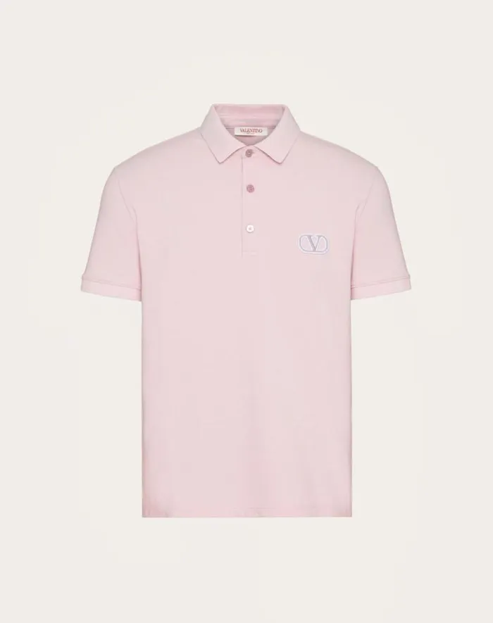Valentino Tshirts And Sweatshirts Man Cotton Piqu Polo Shirt With Vlogo Signature Patch For Man In Grey Rose Grey Rose