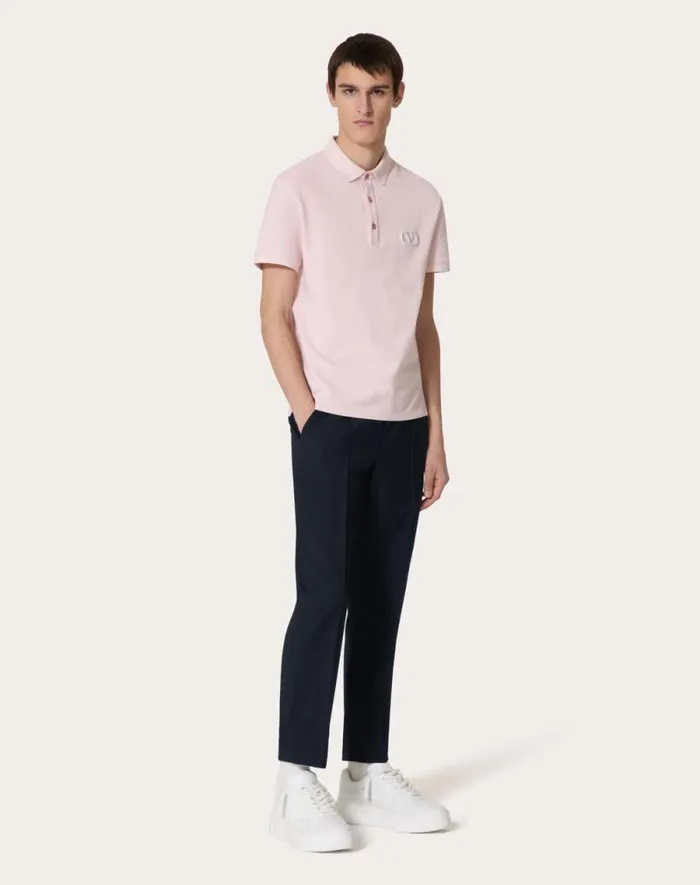 Valentino Tshirts And Sweatshirts Man Cotton Piqu Polo Shirt With Vlogo Signature Patch For Man In Grey Rose Grey Rose