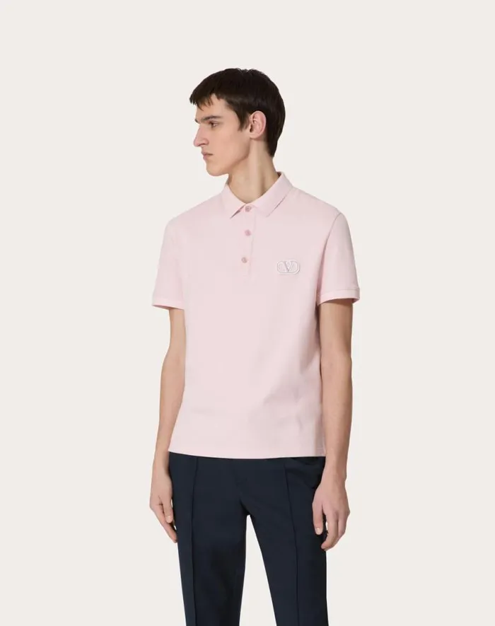 Valentino Tshirts And Sweatshirts Man Cotton Piqu Polo Shirt With Vlogo Signature Patch For Man In Grey Rose Grey Rose