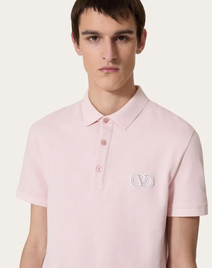 Valentino Tshirts And Sweatshirts Man Cotton Piqu Polo Shirt With Vlogo Signature Patch For Man In Grey Rose Grey Rose