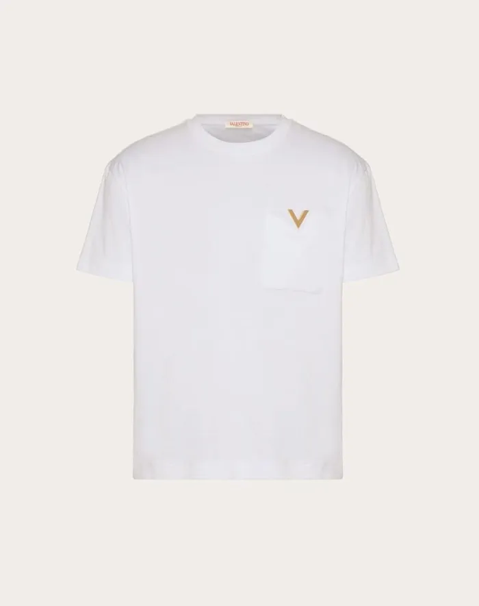 Valentino Tshirts And Sweatshirts Man Cotton Tshirt With Metallic V Detail For Man In White White Valentino Tshirts And Sweatshirts Man Cotton Tshirt With Metallic V Detail For Man In White White