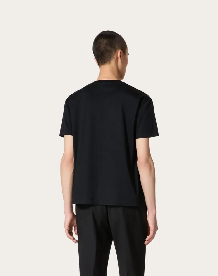 Valentino Tshirts And Sweatshirts Man Cotton Tshirt With Metallic V Detail For Man In White White Valentino Tshirts And Sweatshirts Man Cotton Tshirt With Metallic V Detail For Man In White White